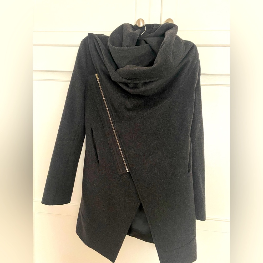 Unique, wrap shawl-like collar, peacoat in charcoal gray. Size S
